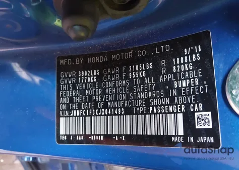 2018 Honda Civic Ex-T from USA, damaged, VIN JHMFC1F3XJX041493